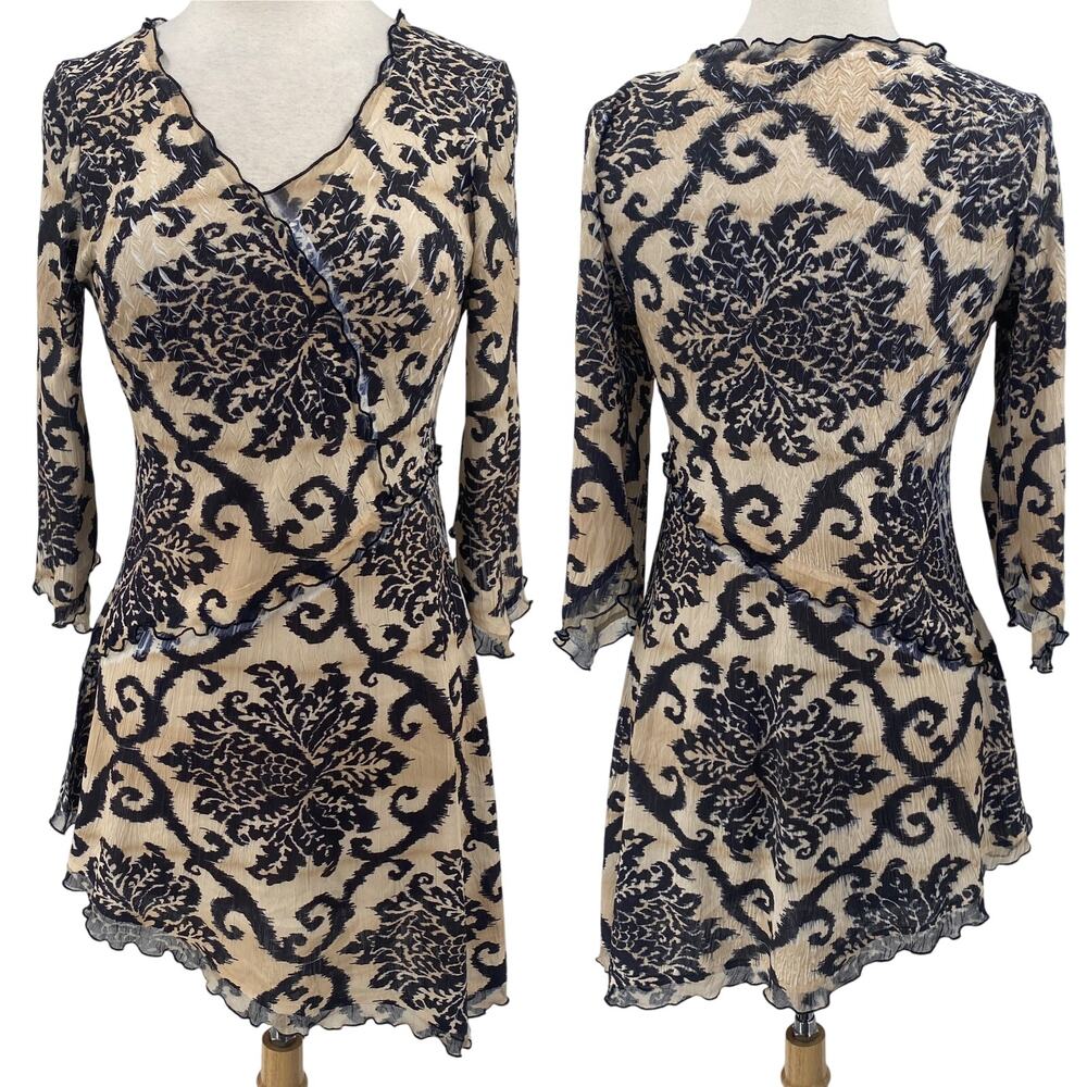 Komarov Damask Floral Print Tunic Top Blouse Lettuce Hem Surplice V Neck Large